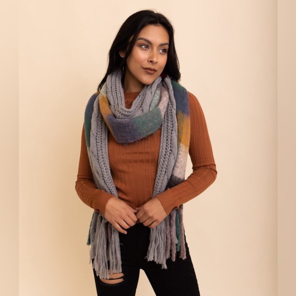 Teal and Gray Cozy Knit Dual Textured Scarf w/ Tassels